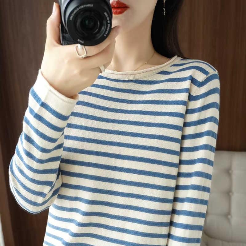 Femmes 100% coton pull frisé col rond bande pull automne hiver décontracté tricot vêtements mode dou