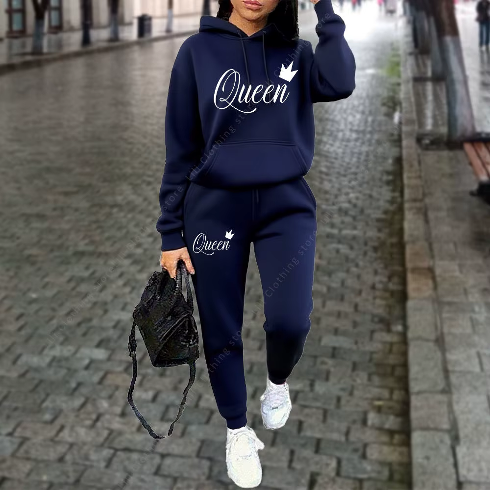 Ensemble 2 pièces pour femme avec imprimé graphique Queen Letter, sweat à capuche et pantalon, tenue