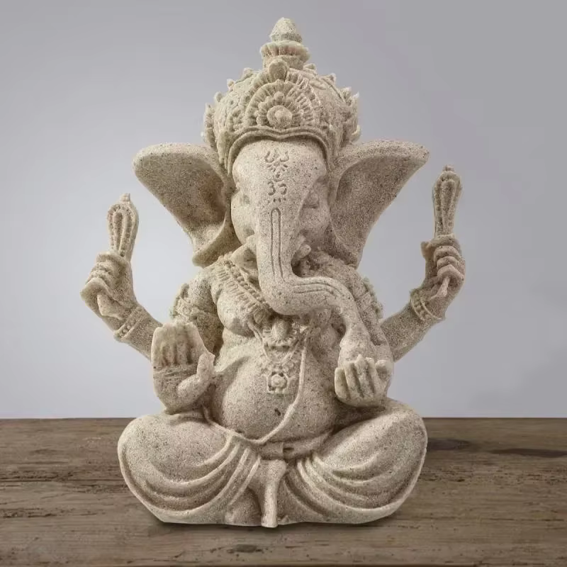 Statue d'éléphant de bouddha Ganesha en grès faite à la main, Sculpture pour la décoration de la mai