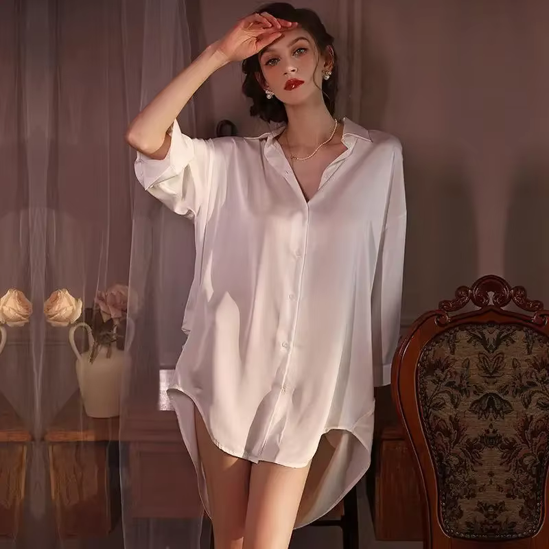 Robe de chambre en satin, chemise blanche sexy, robe de nuit, chemise de nuit d'été pour femme, kimo