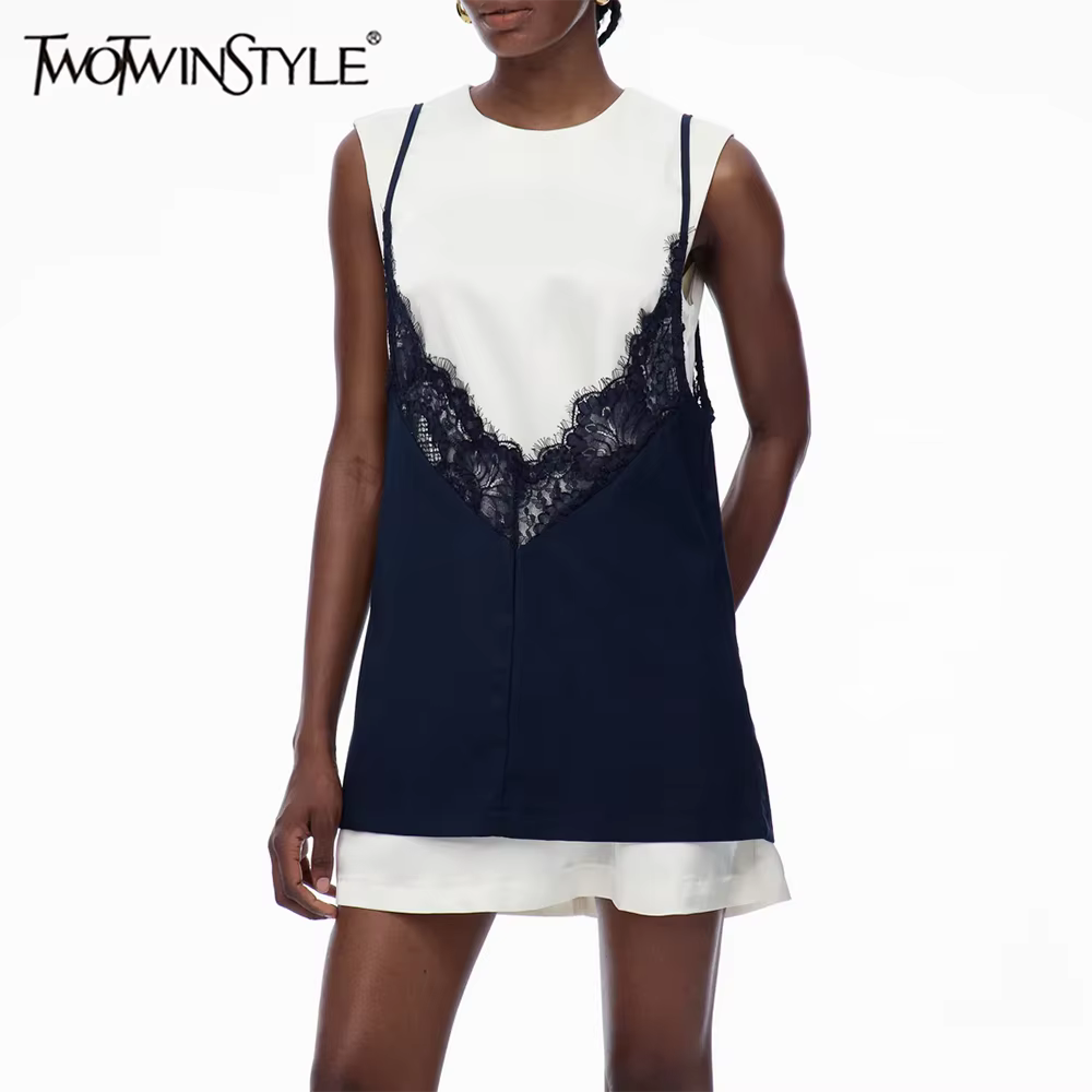 TWOTWINSTYLE Hit couleur épissé dentelle robes décontractées pour les femmes col rond sans manches b