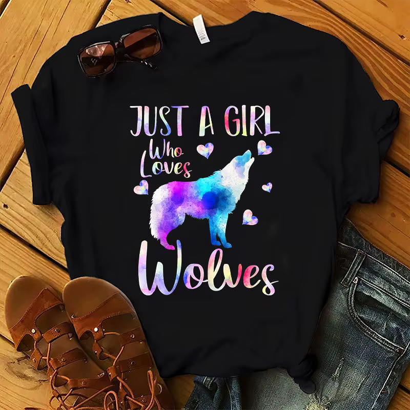 T-shirt manches courtes col rond femme, Just A Girl Love Wolves Print