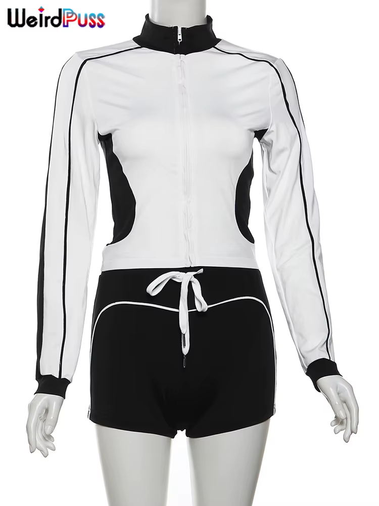 Bizarre Puss décontracté sportif 2 pièces ensemble femmes automne tendance Zip Hipster Patchwork ves