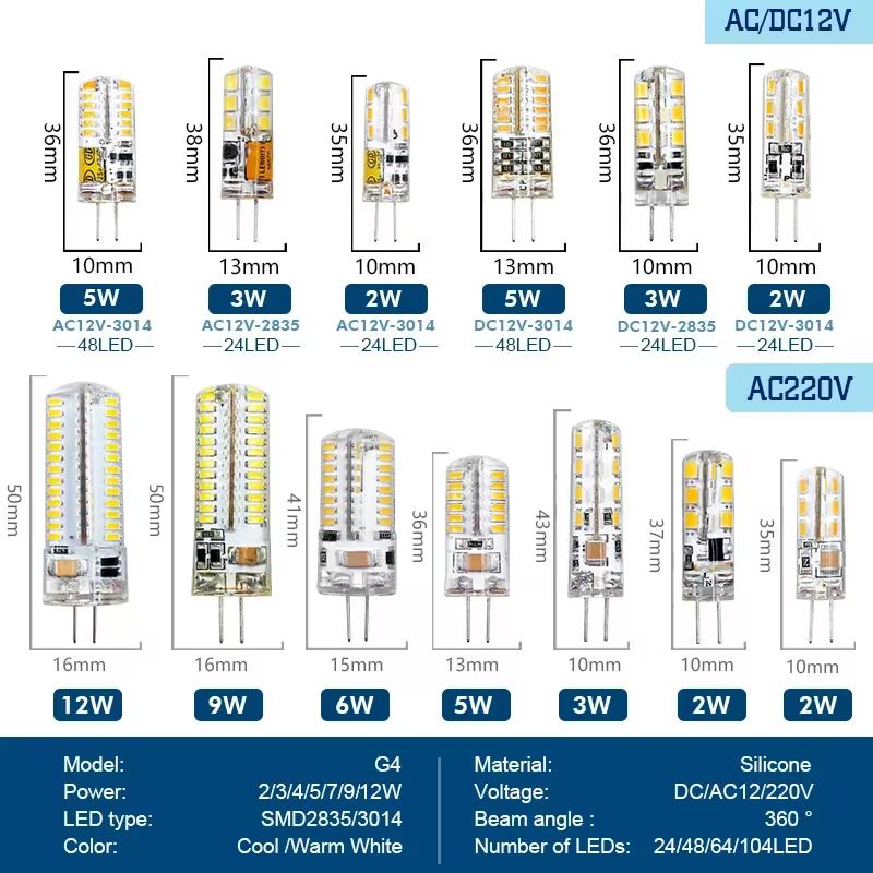 10 pièces/lot G4 lampe à LED 2W 3W 4W 5W 7W 9W AC DC 12V 220V ampoule de maïs SMD2835 3014 360 Angle