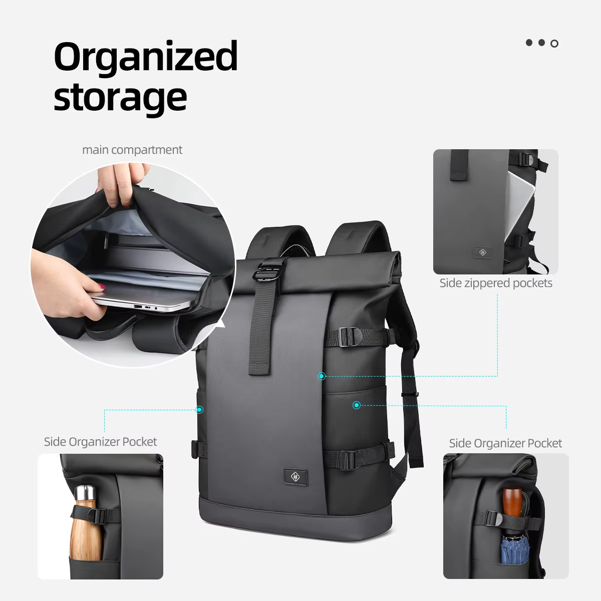 HK sac à dos étanche à roulettes pour hommes grande capacité extensible 17 pouces pochette d'ordinat