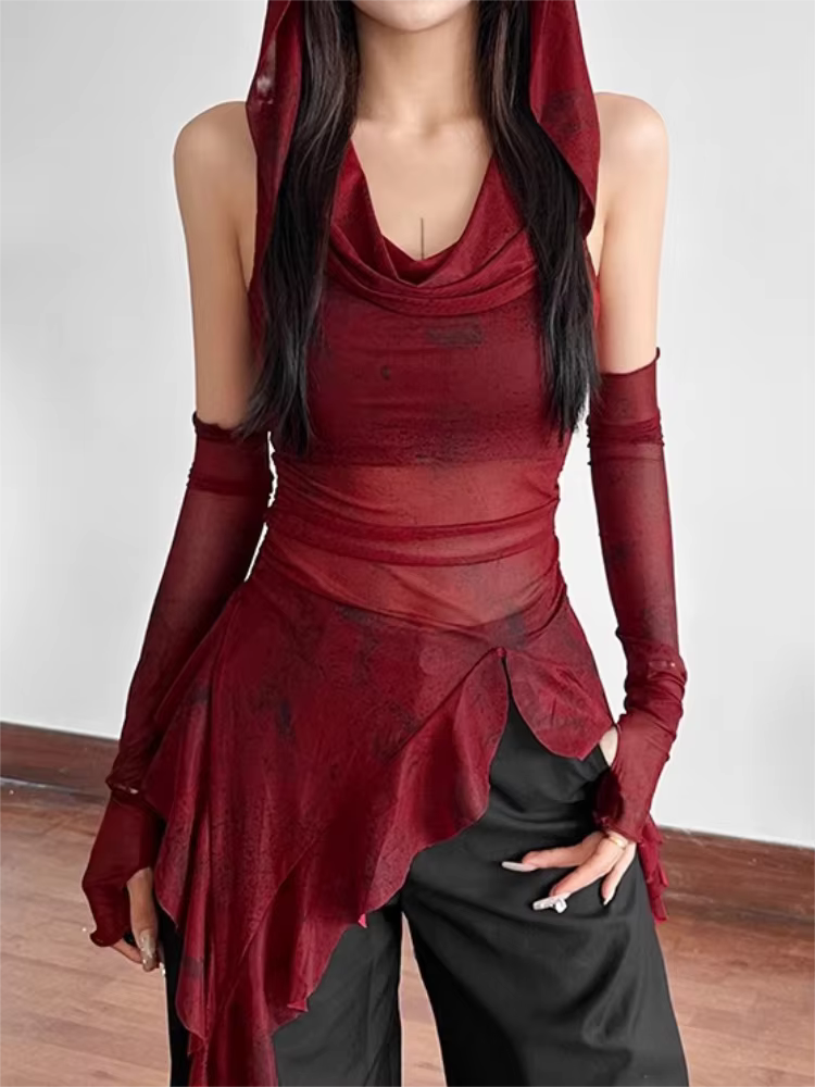 Haut transparent en maille rouge, Streetwear, T-shirt à capuche, manches longues à volants irrégulie