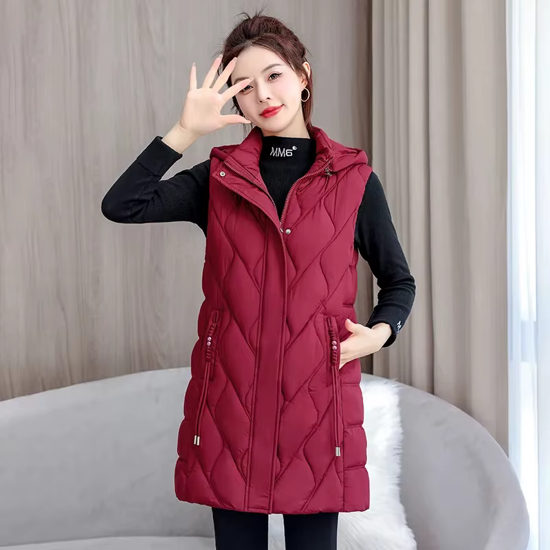 2025 automne hiver mi-long vers le bas coton veste femmes gilet manteau à capuche gilet décontracté 