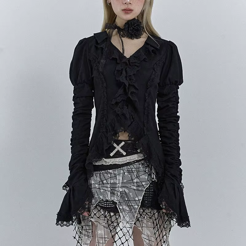 Karrcat-Chemise gothique en dentelle noire, chemisiers irréguliers esthétiques foncées, style CHRIST