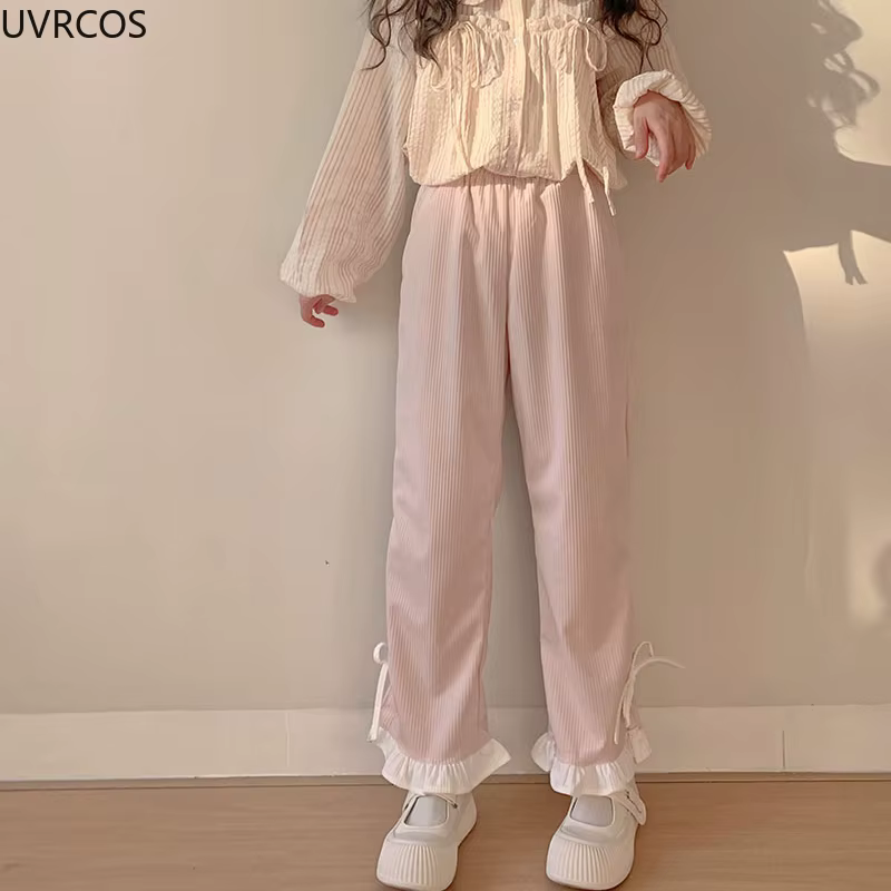 Pantalon en velours côtelé à nœud rose pour femme, style Sweet Lolita, volants Kawaii, bandage latér