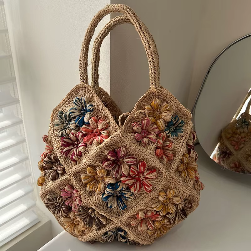Sac de plage tissé de luxe haut de gamme pour femme, fait main au crochet, grande capacité, élégant 