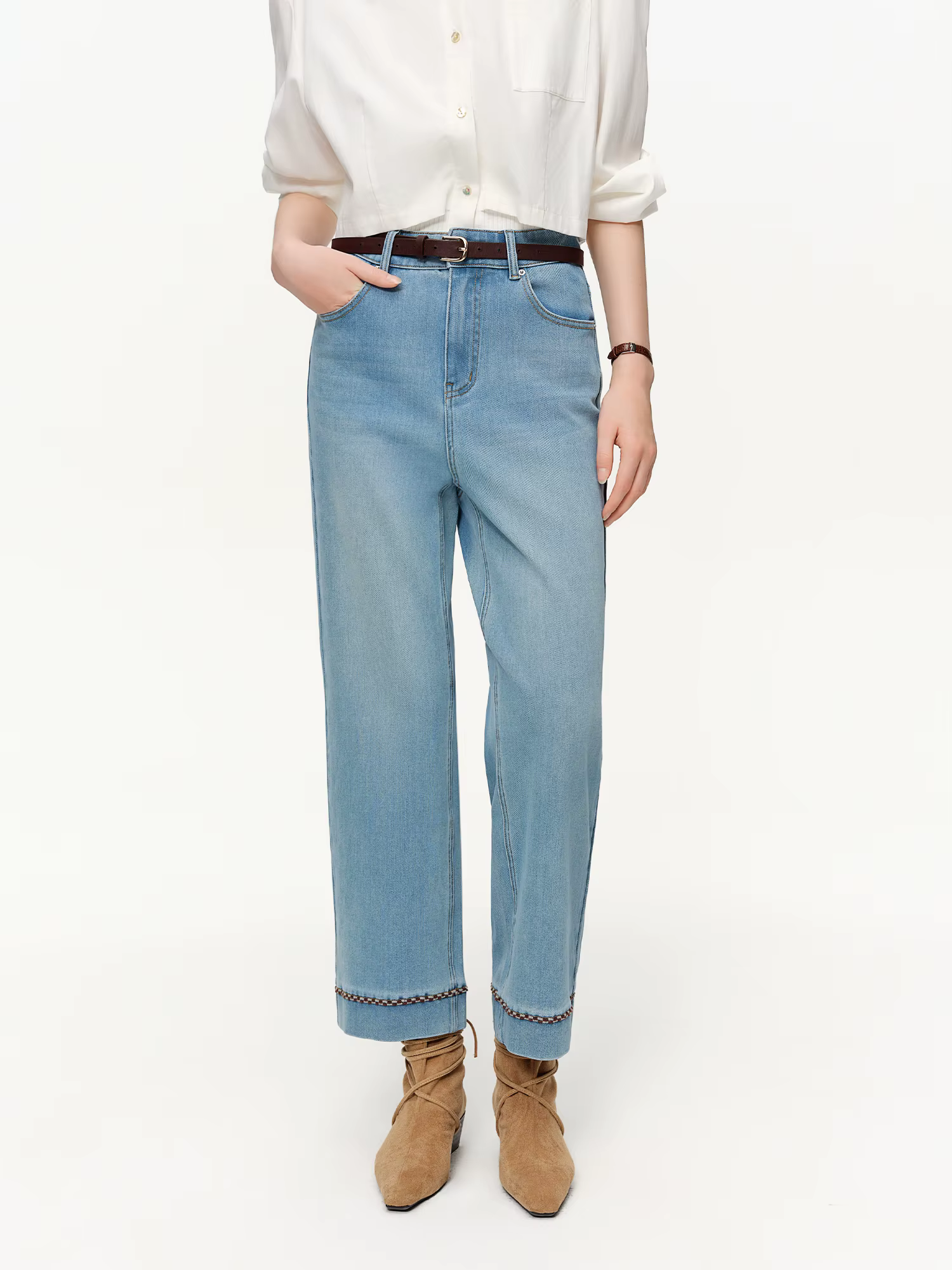 DUSHU Double longueur jean femmes taille haute coupe ajustée classique Baguette pantalon taille haut