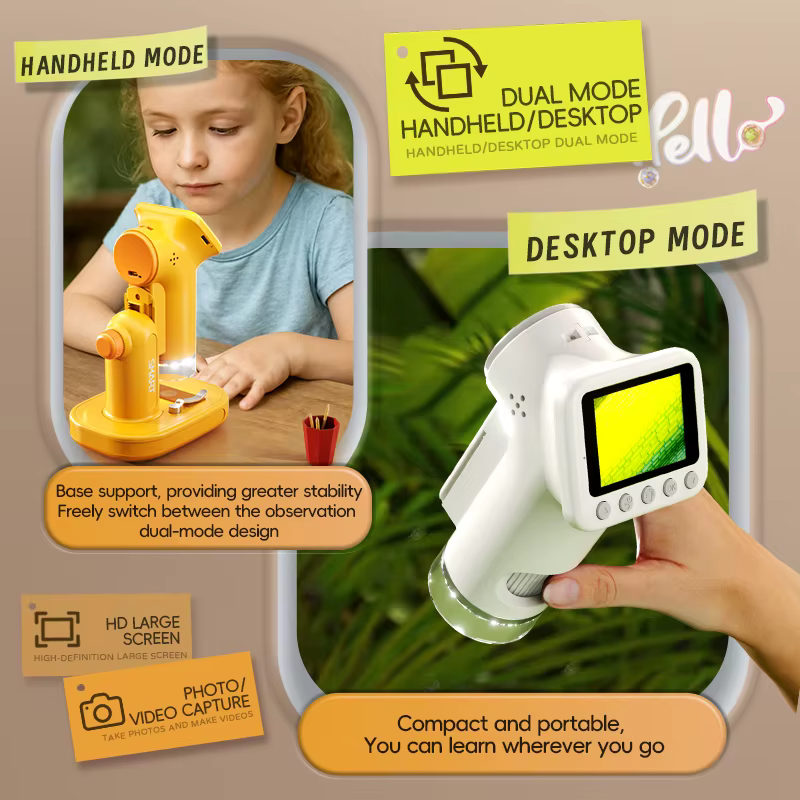 Microscope portatif 1600X, écran de 2 pouces, lentille de loupe pour enfants, Mini Microscopes élect
