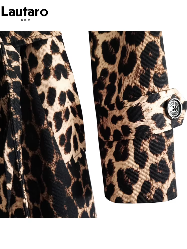 Lautaro printemps automne longue élégant imprimé léopard Trench manteau pour femmes ceinture Double