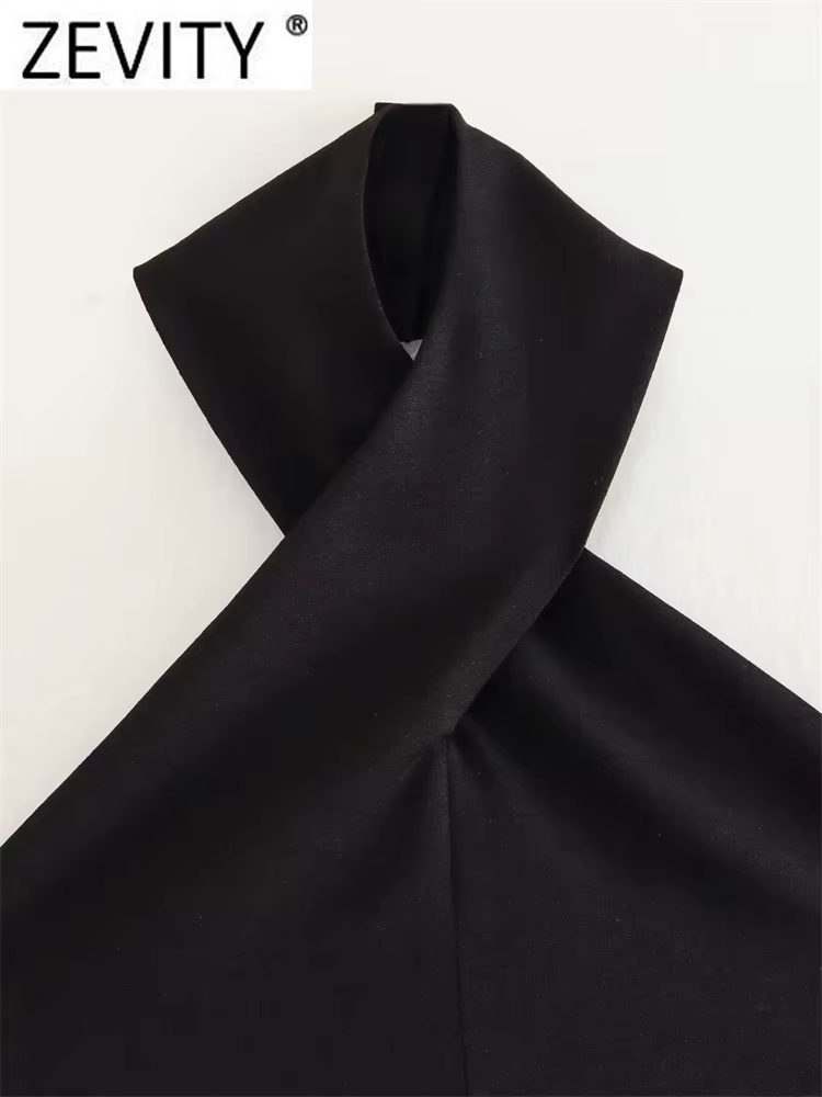 Zevity femmes Sexy sans manches dos nu nœud noué noir licou Blouse Femme sangle croisée chemise cour