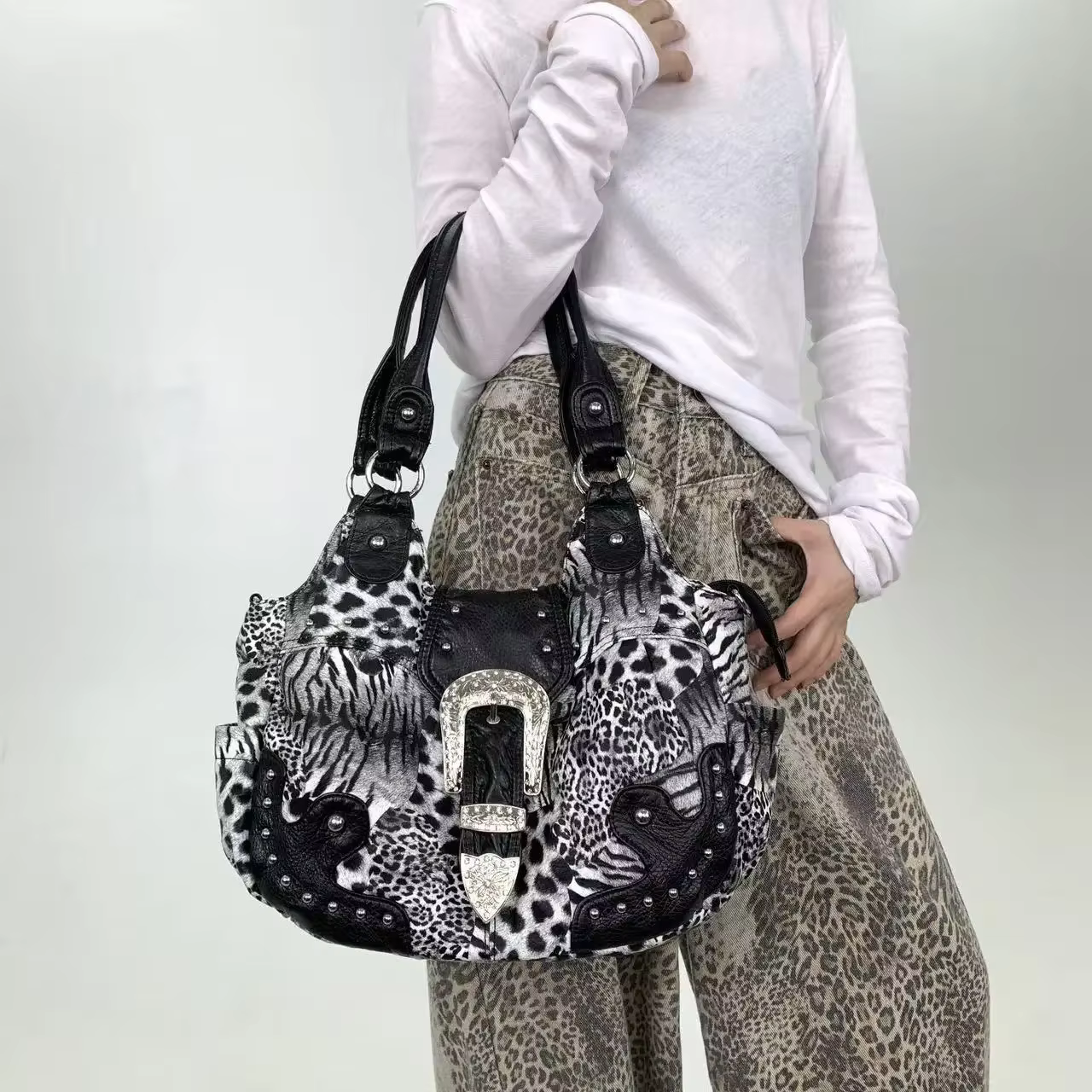 Y2K – sac fourre-tout en patchwork imprimé léopard pour fille épicée, personnalité de rue, avec plus