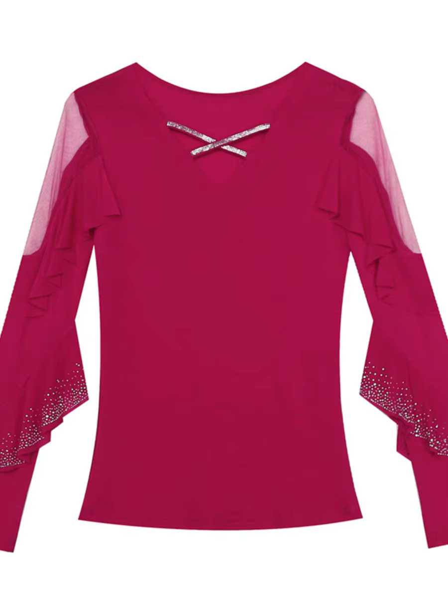 2024 printemps été T-shirts femmes col en v volants à manches longues solide maille élastique hauts 