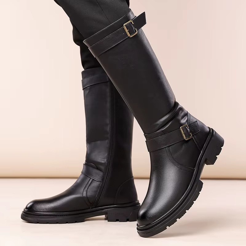 Bottes hautes britanniques en cuir noir pour hommes, bottes de moto de styliste, bottes de travail d