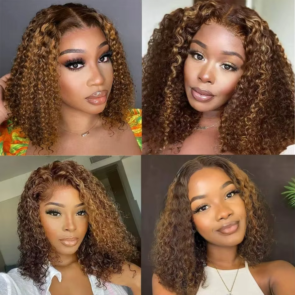 Perruque Bob Ombrée Highlight en Cheveux Humains, Perruque Courte Bouclée Blonde Miel avec Fermeture