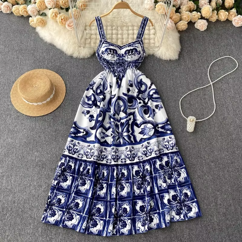Robe longue de vacances pour femmes, col en v, imprimé rouge, bleu et blanc, bretelles Spaghetti, ét