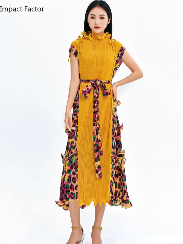 Ata Yake-Robe longue plissée à imprimé léopard pour femme, motif tendance, ceinture en fibre, décont