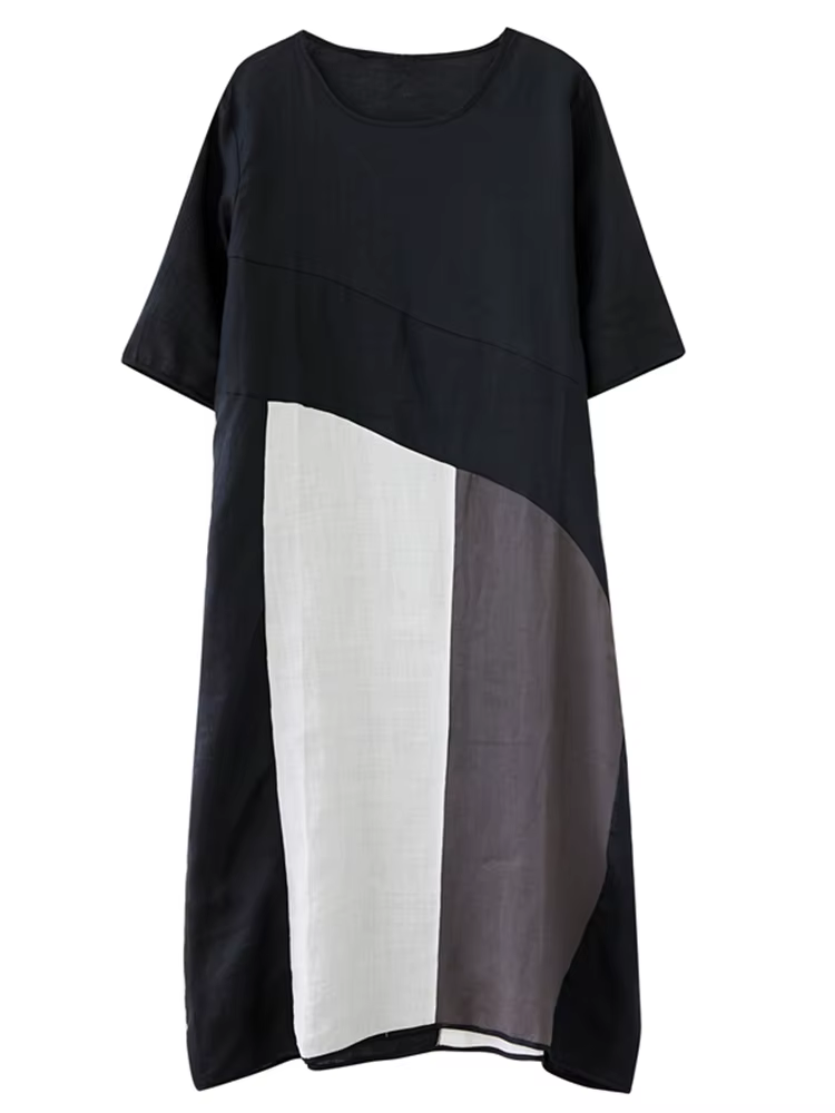 Robes en coton et lin vintage à contraste de couleurs pour femmes, nouvelle robe d'été décontractée