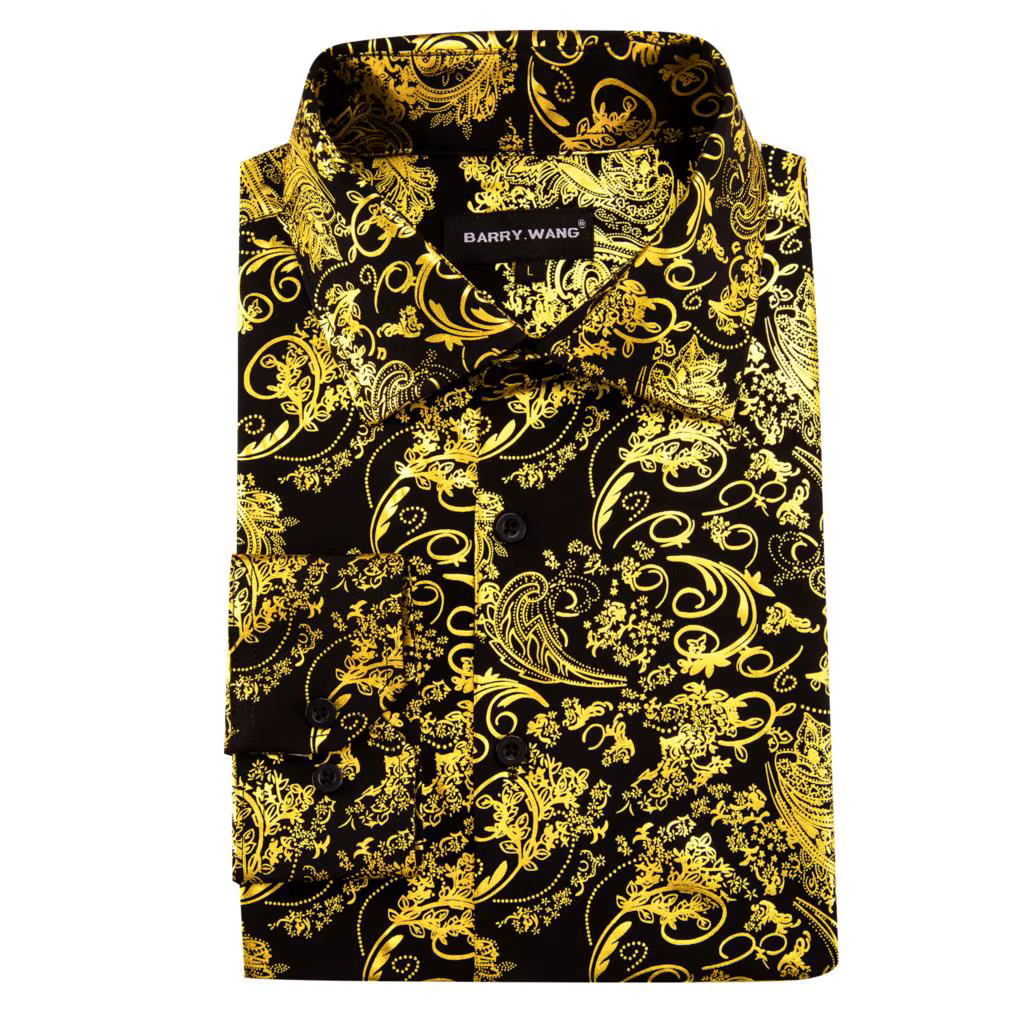 InjShirts de Luxe à Manches sulfpour Homme, Broderie Florale Noire et Dorée, Coupe Ajustée Régulière