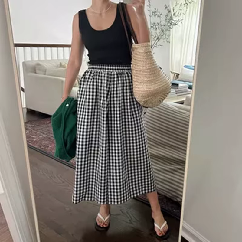 Plaid coupe ample Capri Culotte avec poche latérale femmes Vintage vichy jambe large Capri pantalon