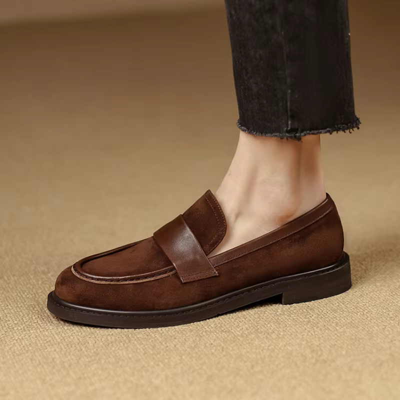 Mocassins en daim pour femmes, chaussures plates à enfiler en cuir véritable beige, mocassins de mar