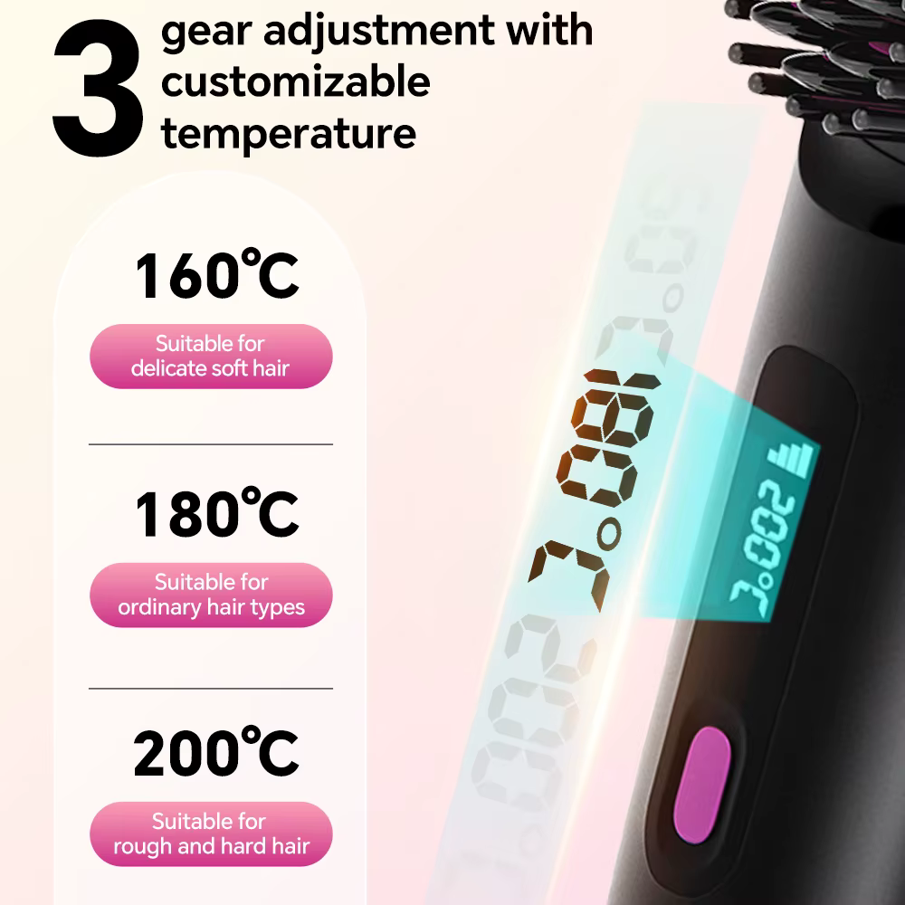 Brosse lissante sans fil rechargeable, peigne lissant à ions négatifs avec 3 réglages de température