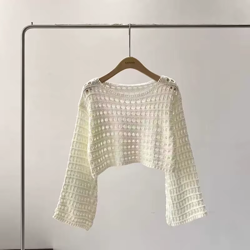 Haut en tricot au Crochet à manches longues pour femmes, Cover-Up pour Bikini de plage, pull court e