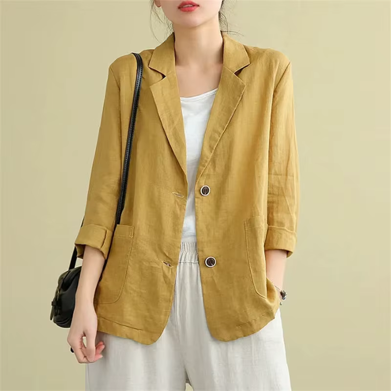 Costumes en coton et lin monochromes pour femmes, blazer fin à manches trois-quarts, veste de protec