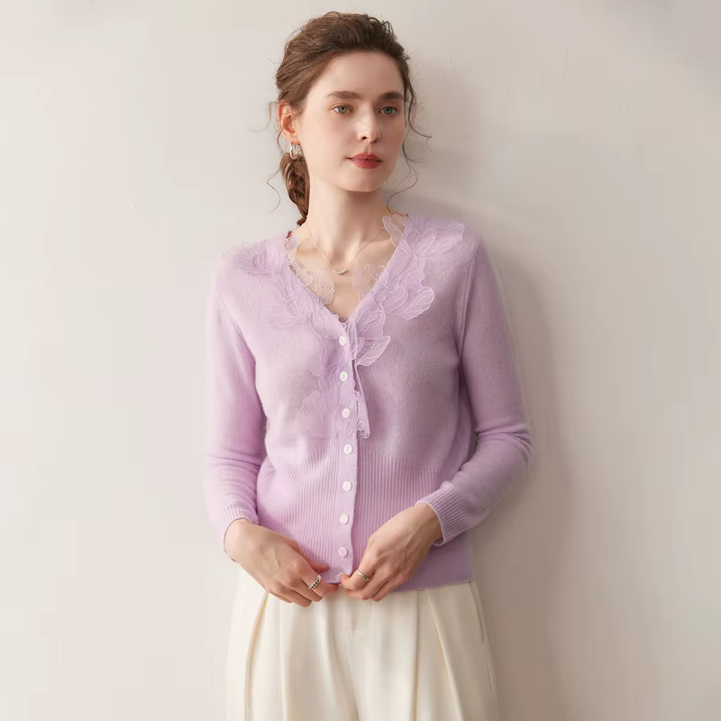 Cardigans de luxe en cachemire pour femmes, col en v, hauts en tricot, décontracté, motif feuilles, 