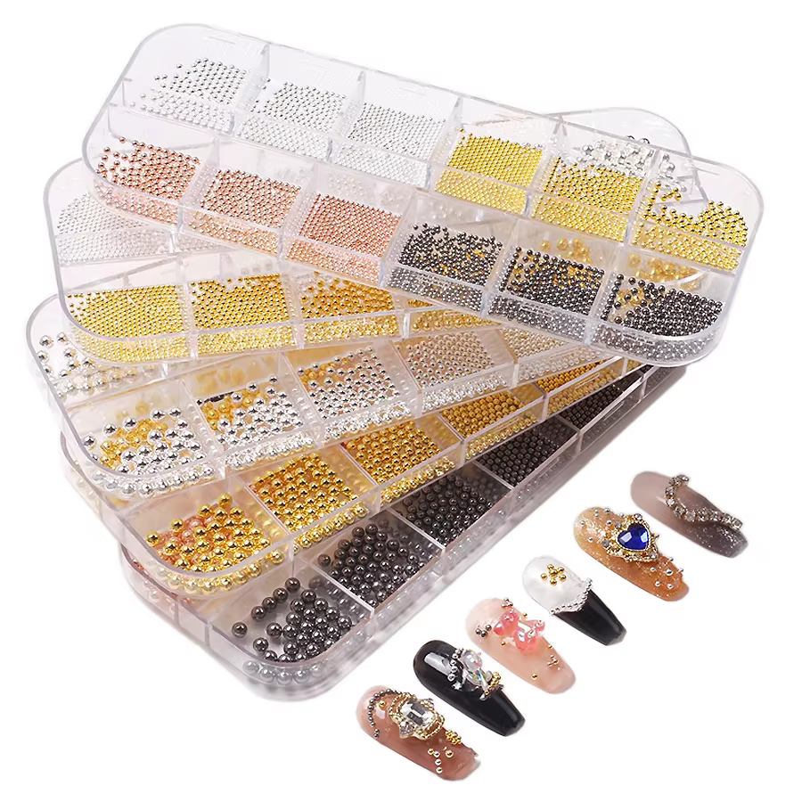 Perles de Caviar à 12 compartiments, accessoires métalliques pour Nail Art, perles en métal avec boî