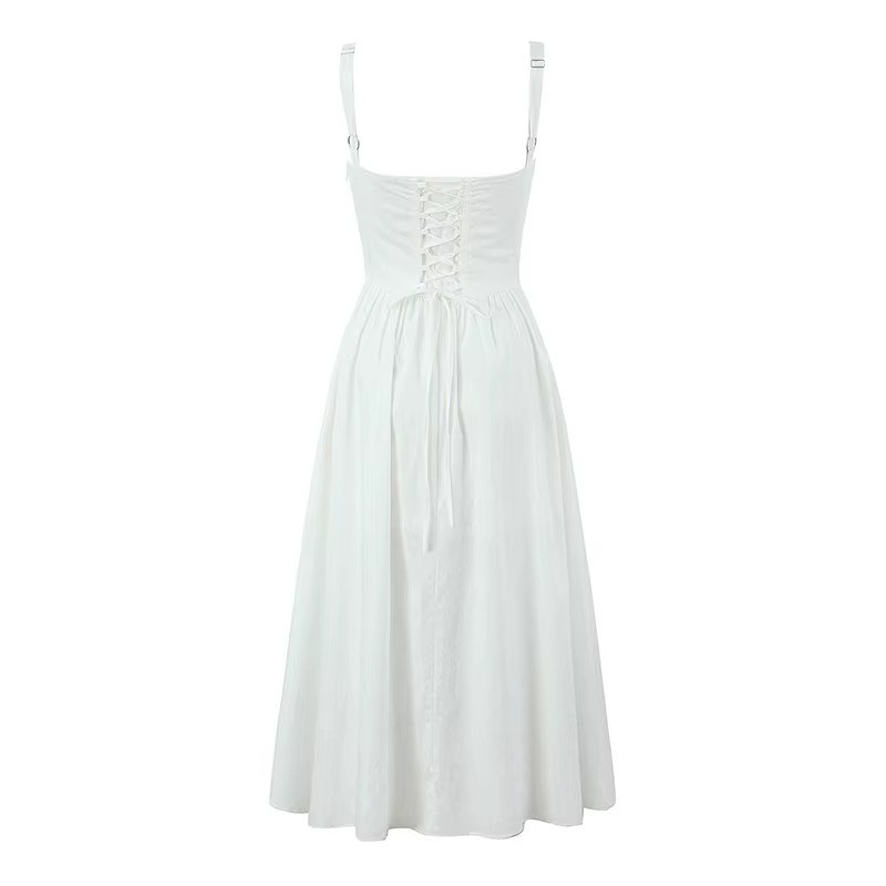 YENKYE-Robe trapèze mi-longue à lacets pour femme, robe en coton, robe fendue sur le devant, robe de