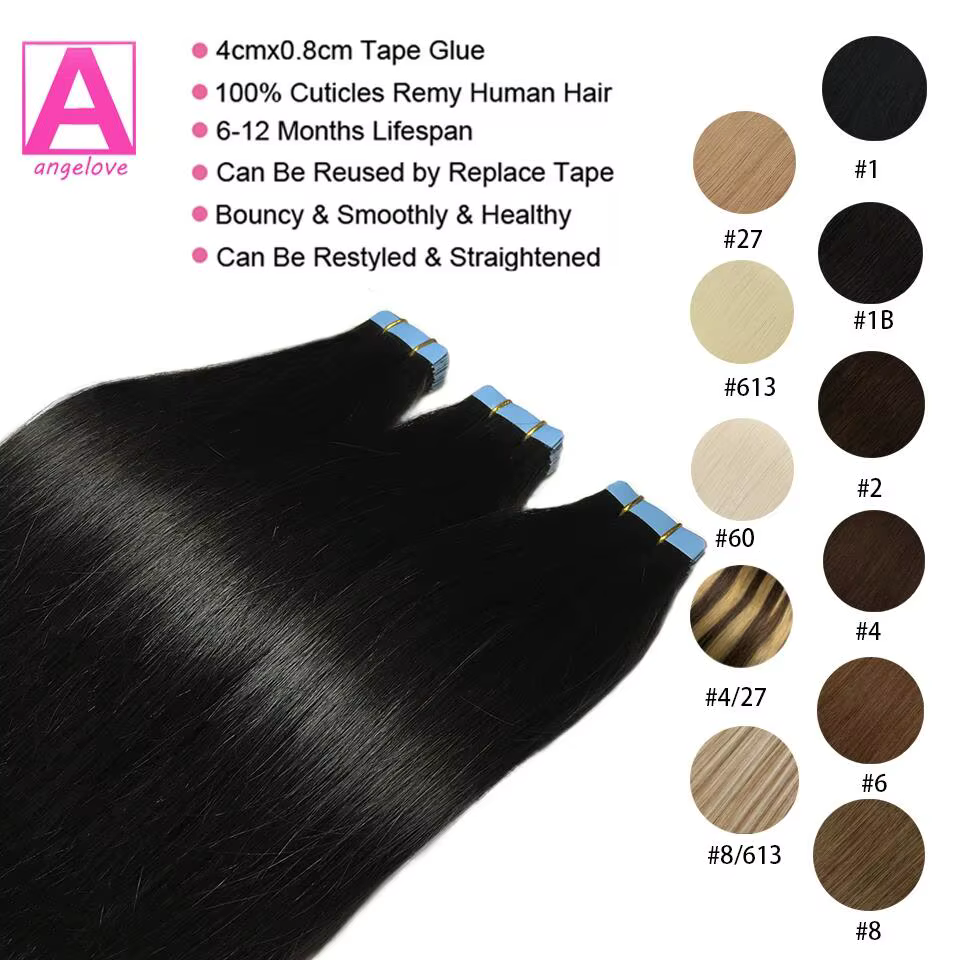 Bande adhésive 100% vrais cheveux humains Remy cheveux humains brésiliens Extensions droites peau tr