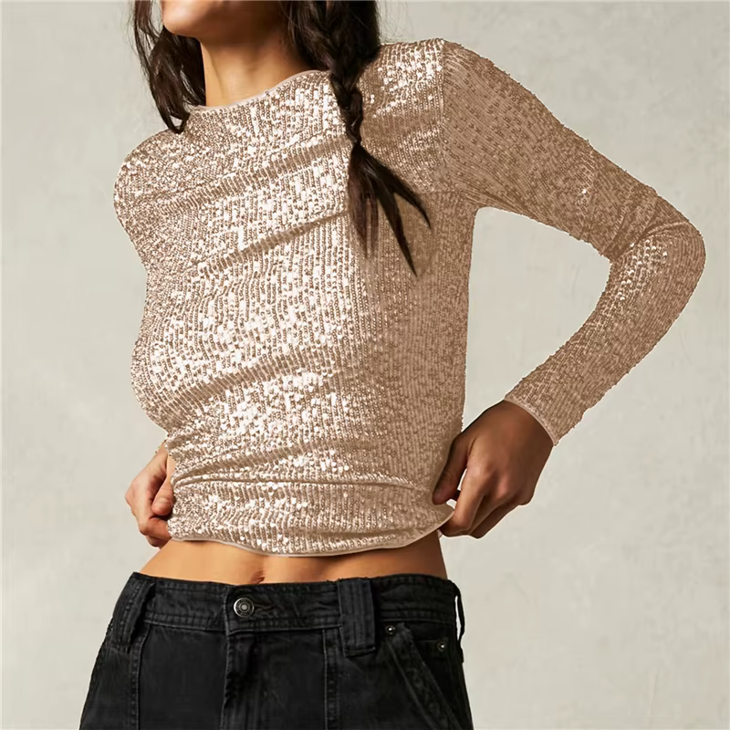 Haut court à manches longues pailletées pour femmes, col rond, paillettes brillantes, t-shirt de soi