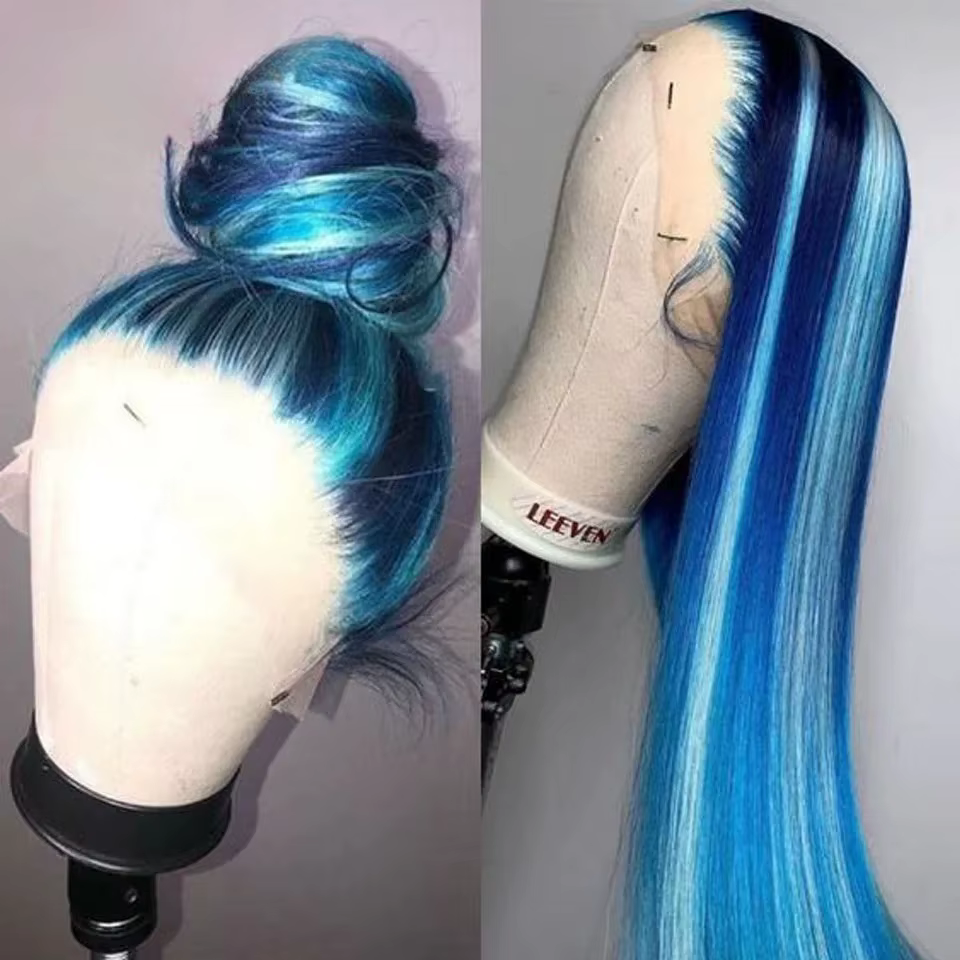 Perruque synthétique longue et droite bleue sans colle 13x4, pré-épilée, prête à porter pour femme,