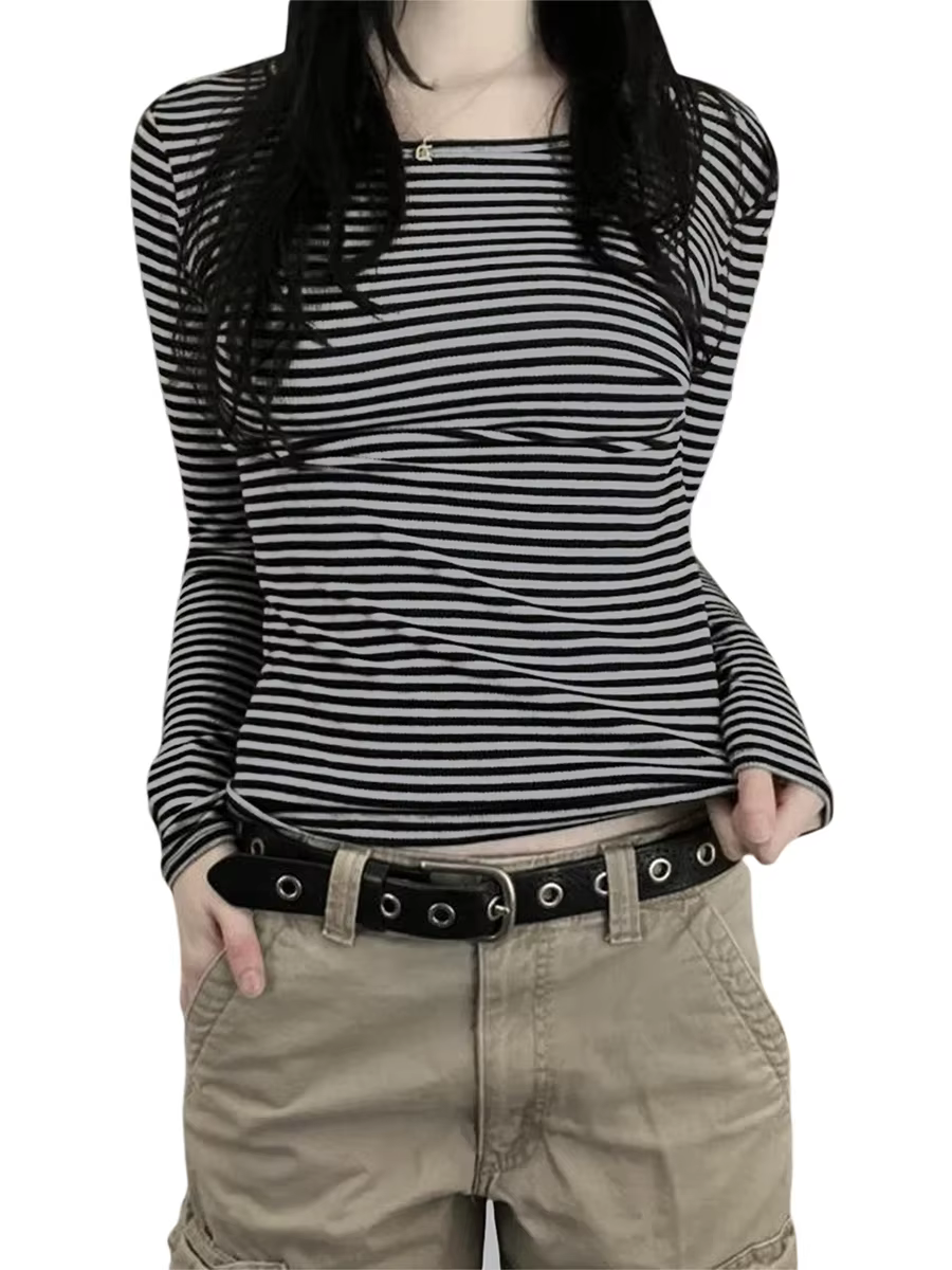 Chemises à manches longues pour femmes, mode décontractée, basique, col rond, rayé, Slim Fit, chemis