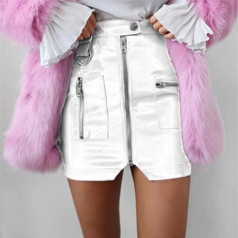 Mini jupe courte en cuir verni brillant pour femmes fermeture éclair fendue Faux Latex Sexy rose noi