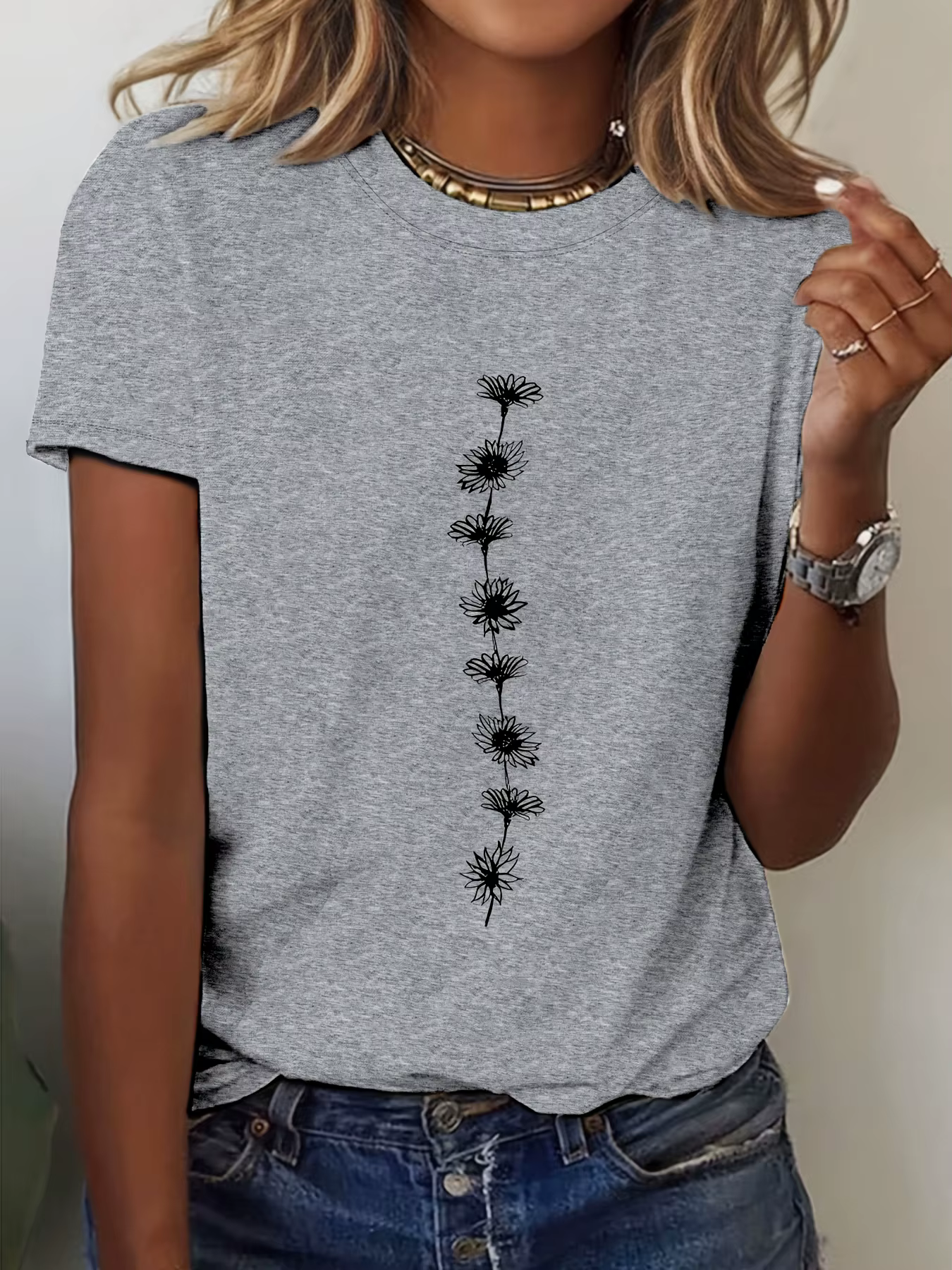 T-Shirt décontracté imprimé tournesol pour femmes, haut à manches courtes et col rond, parfait pour 