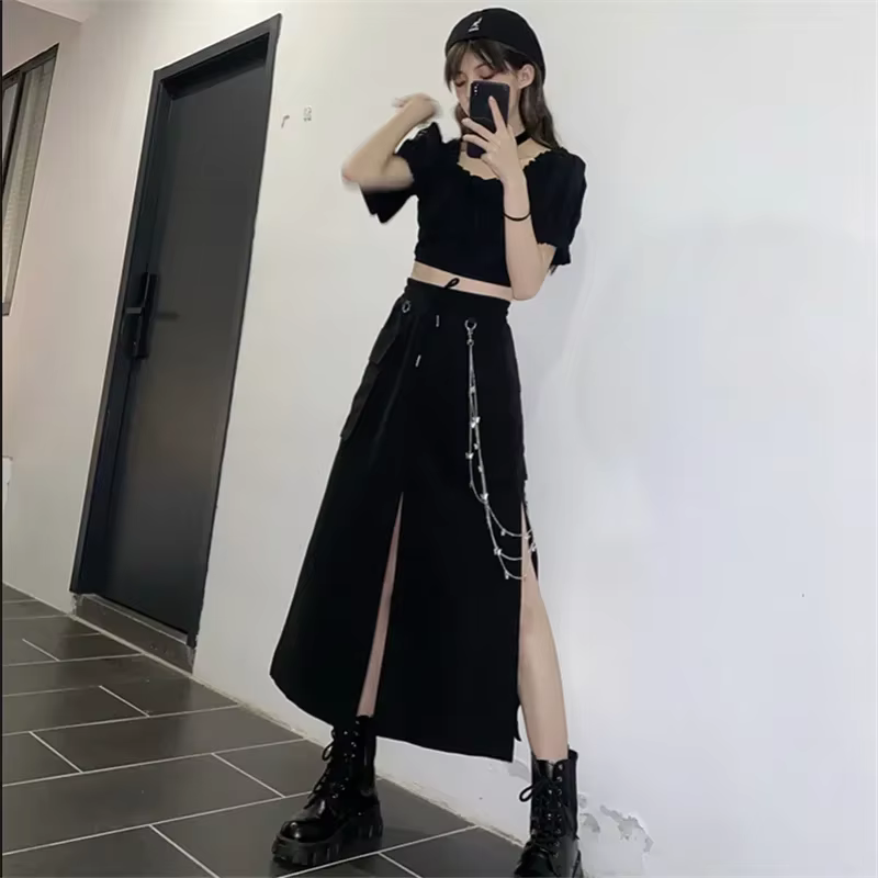 Jupe longue noire de Style coréen pour femmes, avec chaîne, fente latérale, Hip Hop, Streetwear, gra