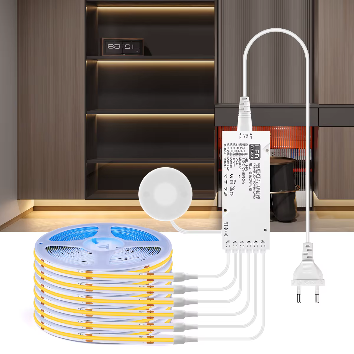 Bande lumineuse LED COB avec capteur de mouvement, lampe de Cisco en bois, sous armoire, armoire, bi