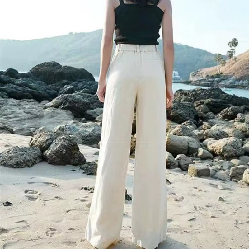 Lucyever-Pantalon en coton et lin pour femme, taille haute, fermeture éclair, blanc, jambes larges, 