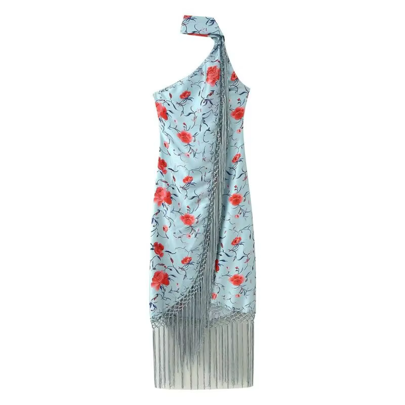 Robe longue de soirée asymétrique à imprimé floral en satin pour femme, col halter, bordure à frange