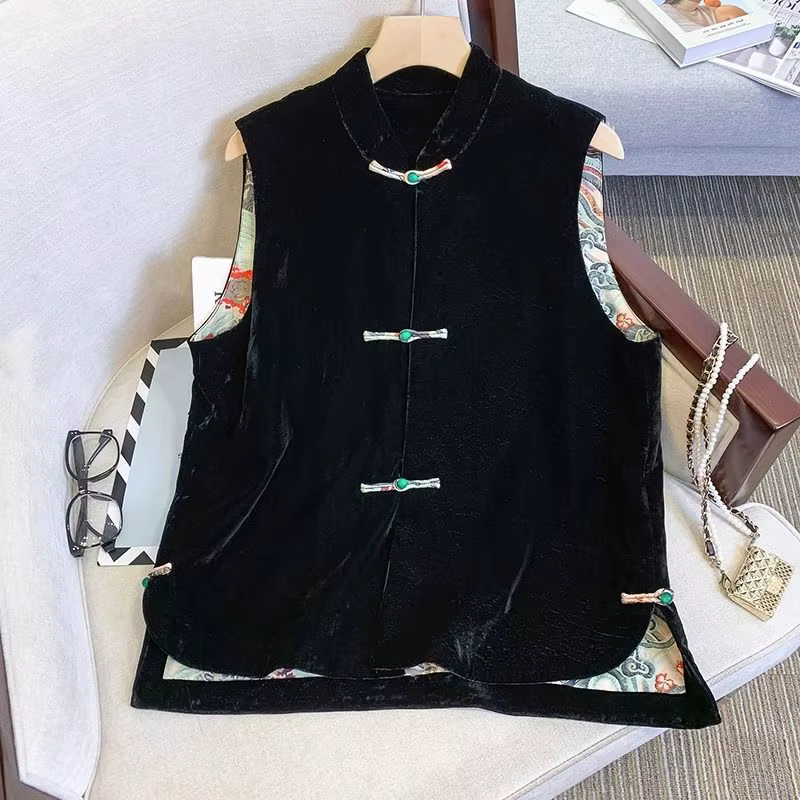 Rongbuk-Manteau Noir à Col Glacé pour Femme, Vêtement de Style Chinois, avec Fente, à la Mode, Autom