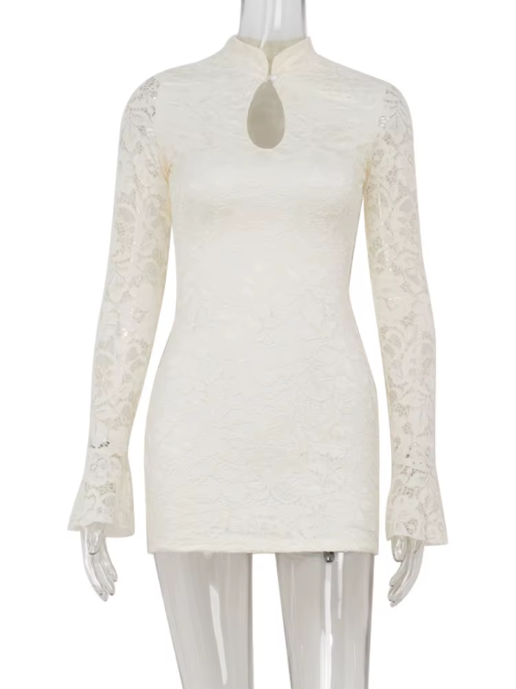 Ahagaga Sexy dentelle femmes Mini robes solide pure évider col roulé manches longues évasées gaine m