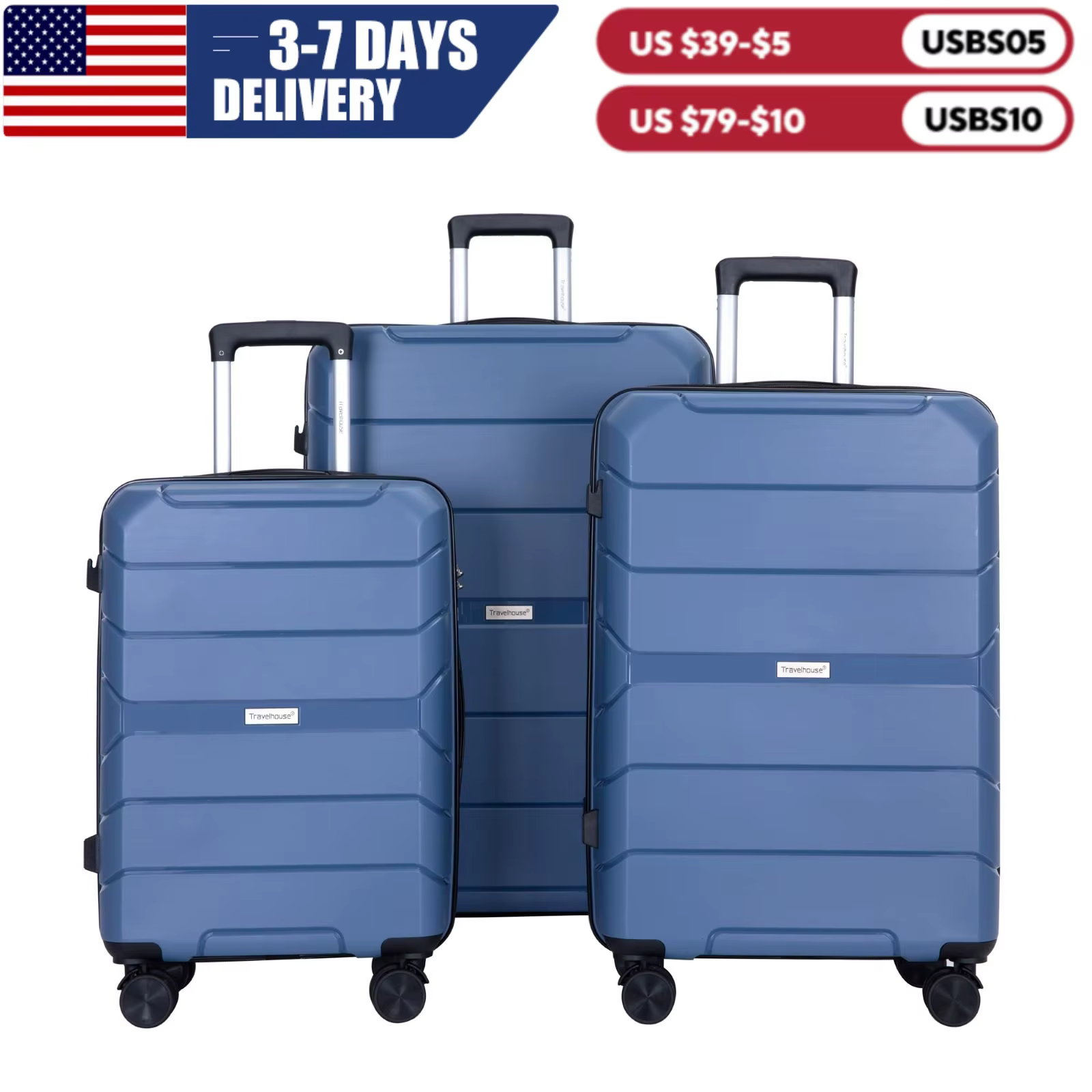 Travelhouse-Ensemble de Valises Rigides Légères avec Serrure TSA, Roues Spinner, PP, 3 Pièces, 20/24