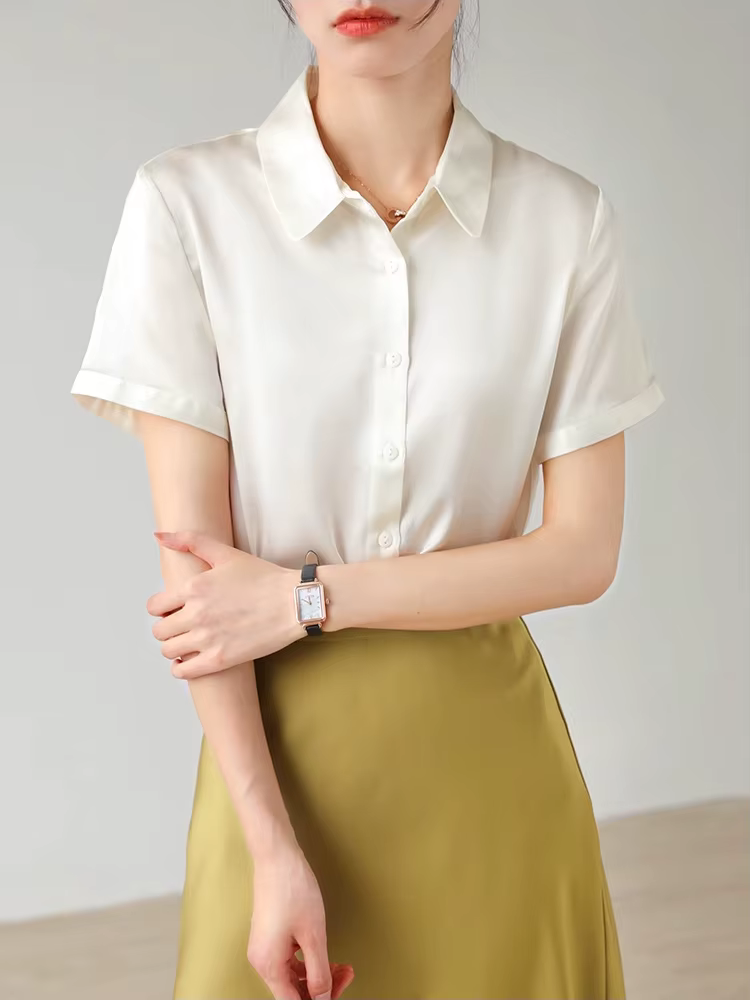 SuyaDream, Chemises unies pour femme, 95% Soie 5% Spandex, Manches courtes, Blouses blanches chics,