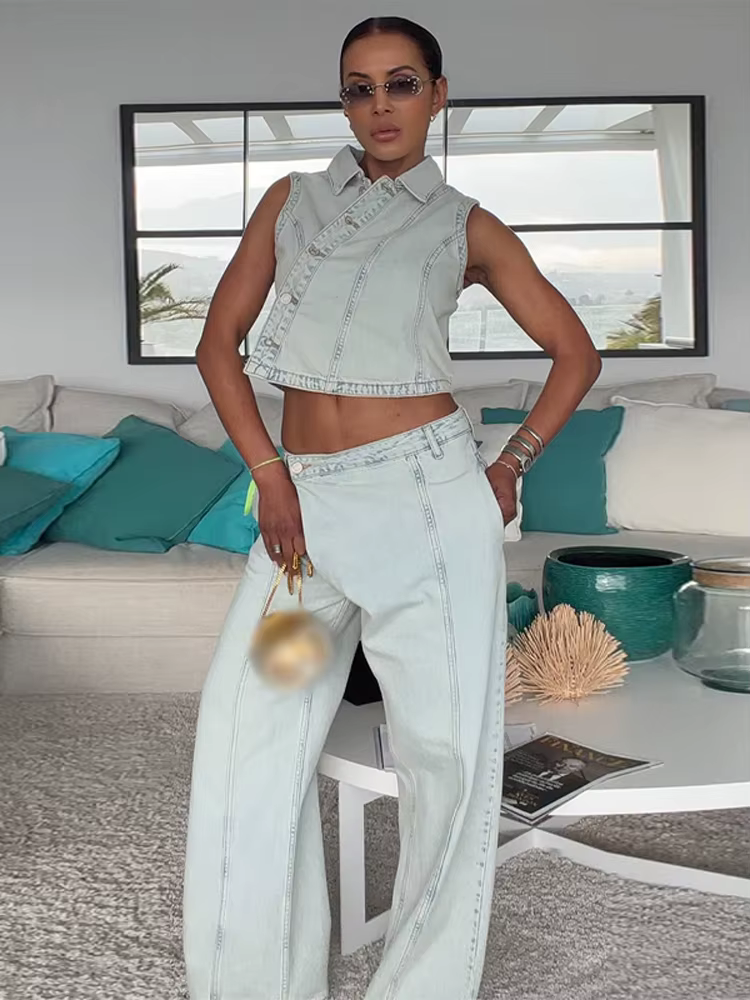 Nouvel ensemble 2026 : Gilet en jean et pantalon pour femme – Veste ajustée sans manches à revers et