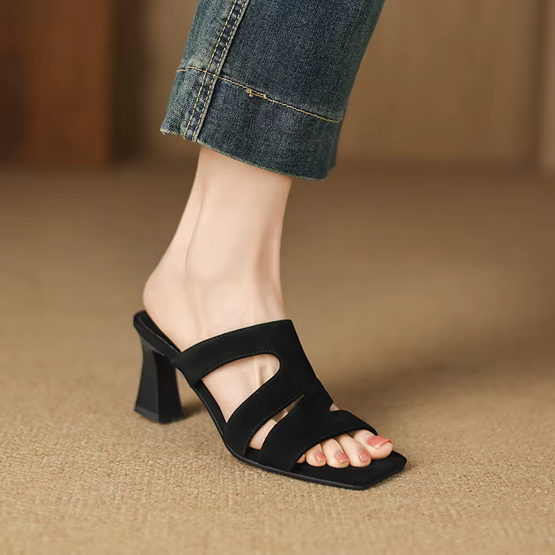 Sandales d'été en cuir véritable pour femmes, tête carrée, peau de mouton, talons hauts, surdimensio